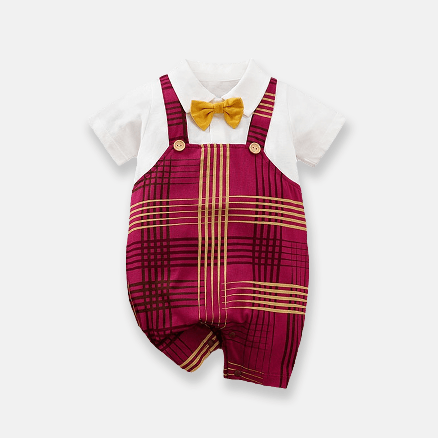 Baby Boys Cotton Casual Houndstooth Pattern And Lapel 3D Bow Tie Jumpsuit