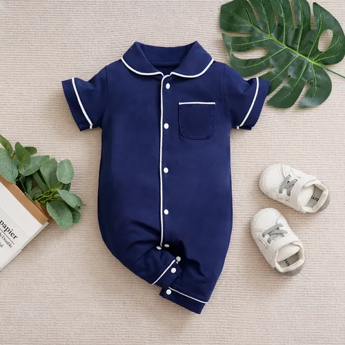 Baby Girl/Boy Solid Cotton Color-block Short Sleeves Lapel Jumpsuit