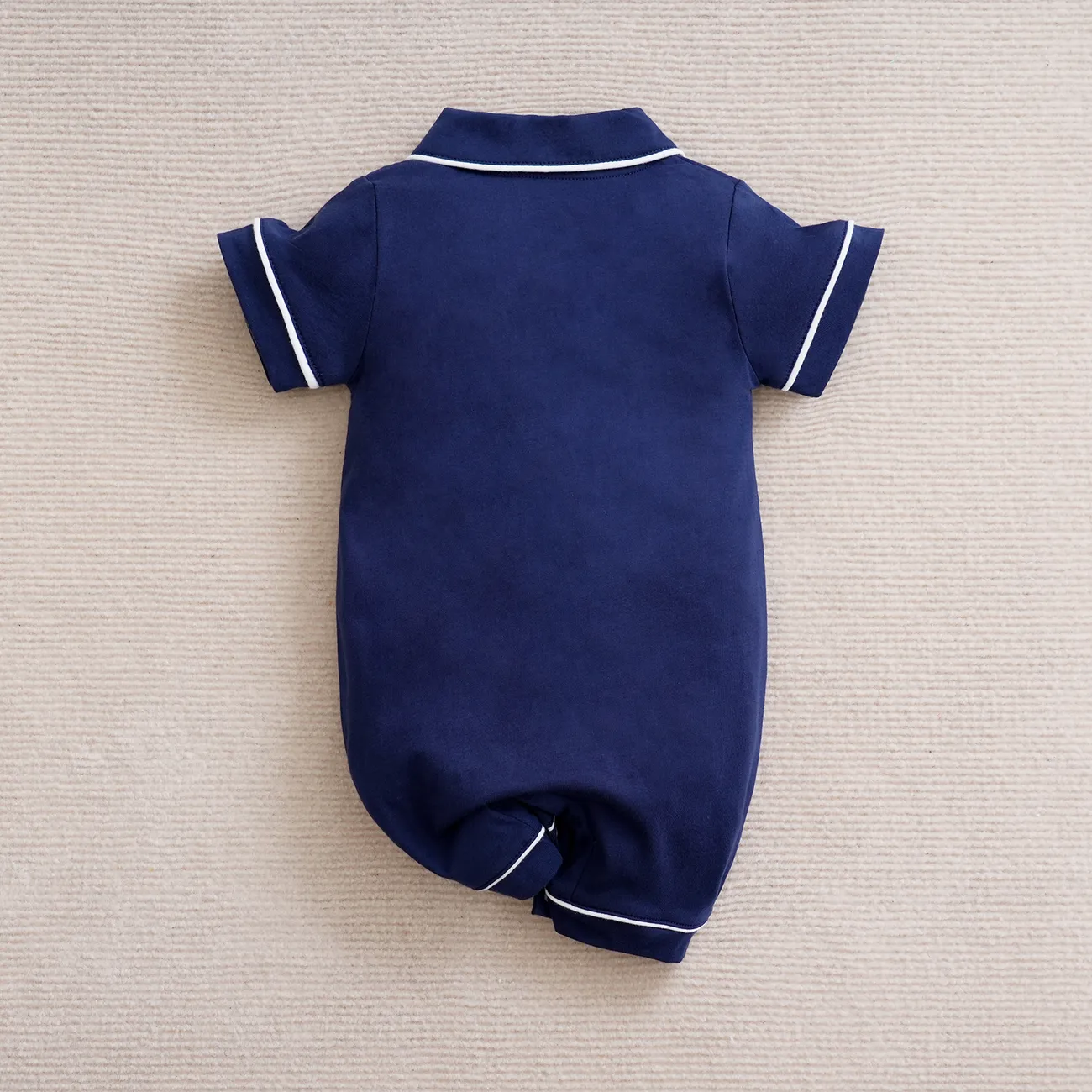 Baby Girl/Boy Solid Cotton Color-block Short Sleeves Lapel Jumpsuit Tibetan blue big image 1