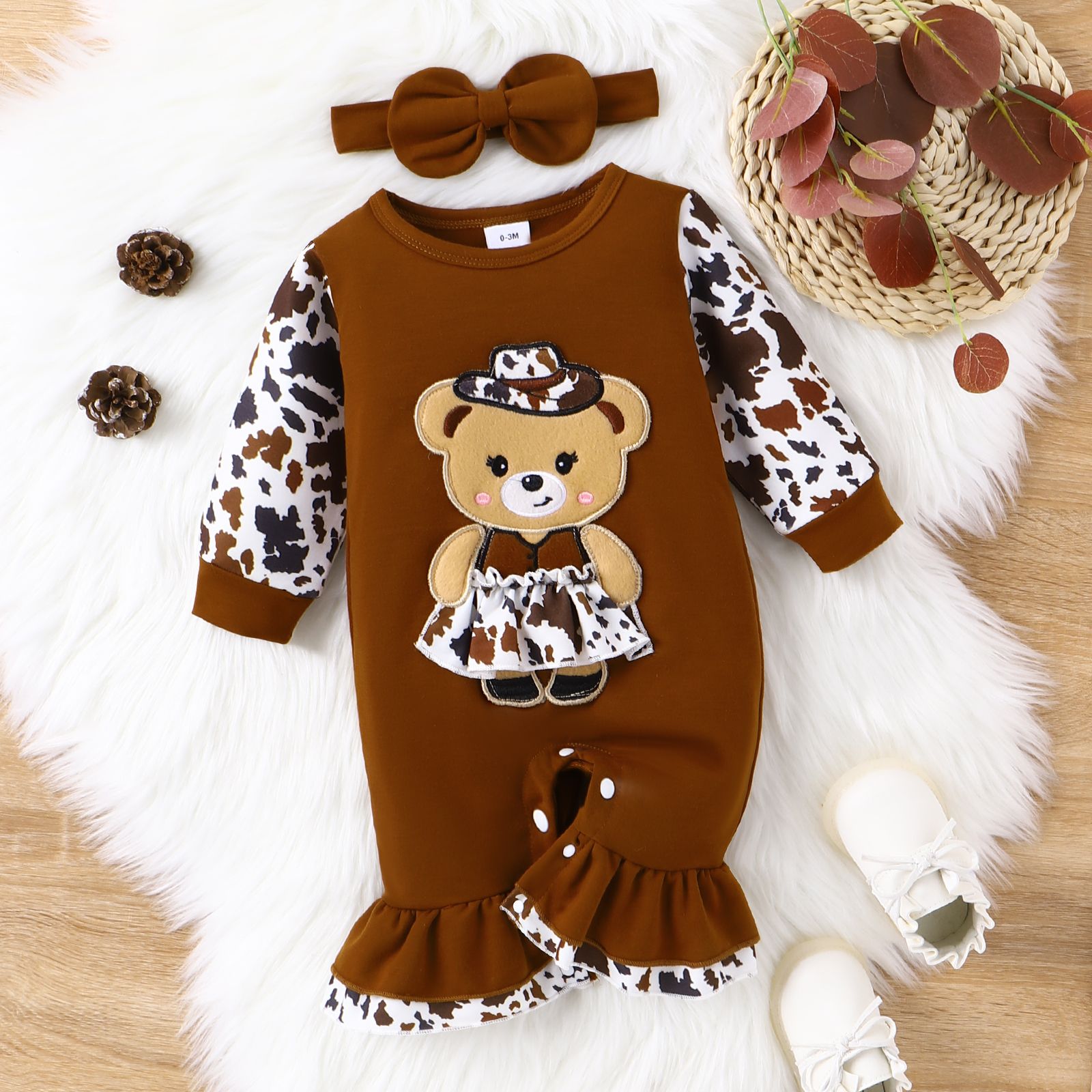 Baby Girl Bear Pattern Cowboy Design Jumpsuit/Hat/Shoes
