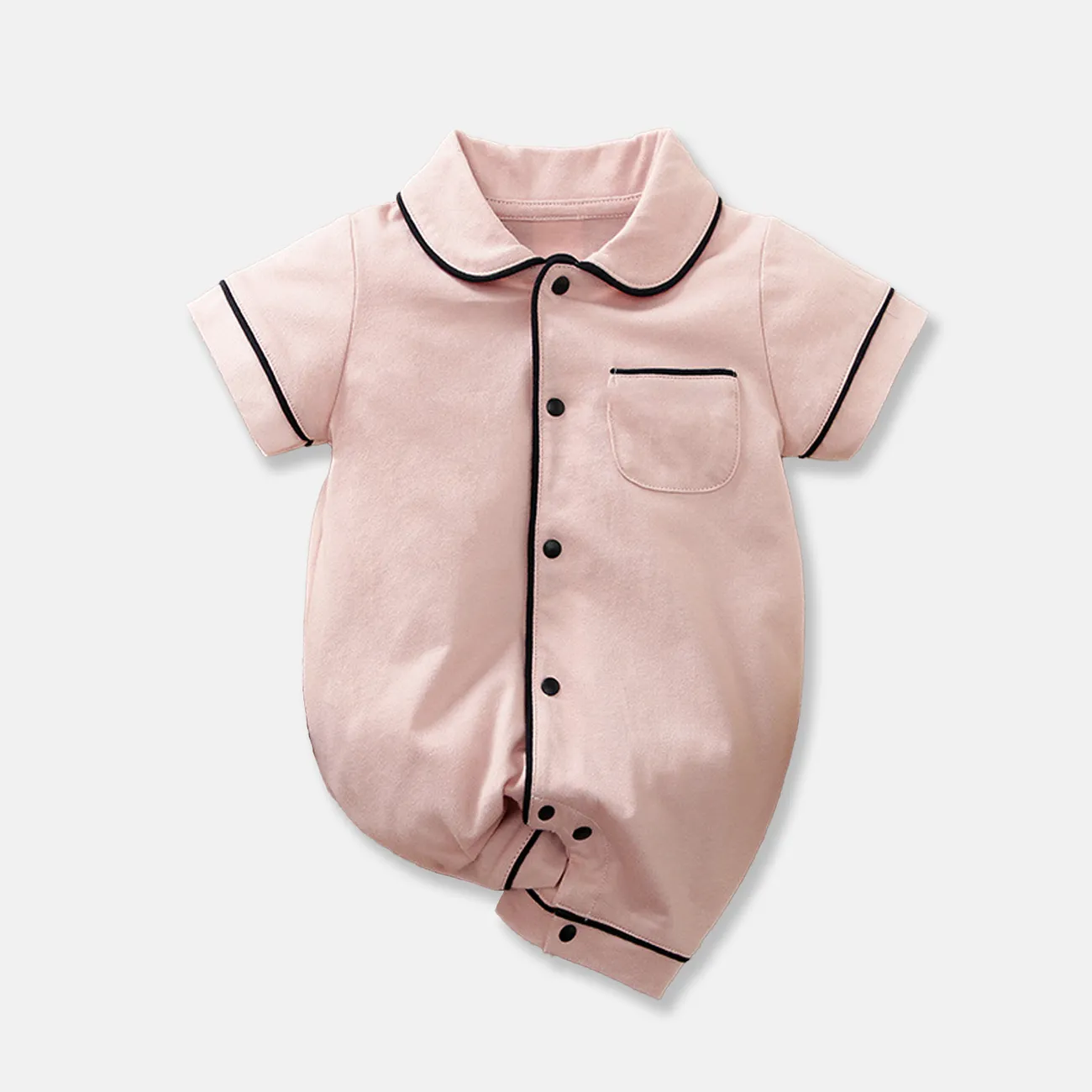 Baby Girl/Boy Solid Cotton Color-block Short Sleeves Lapel Jumpsuit Pink big image 1