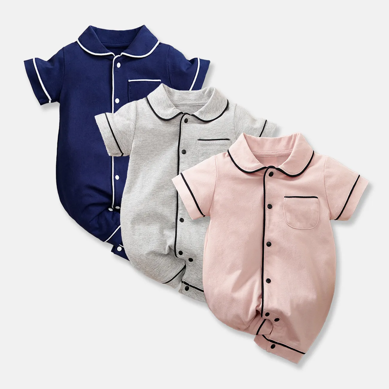 Baby Girl/Boy Solid Cotton Color-block Short Sleeves Lapel Jumpsuit Grey big image 1