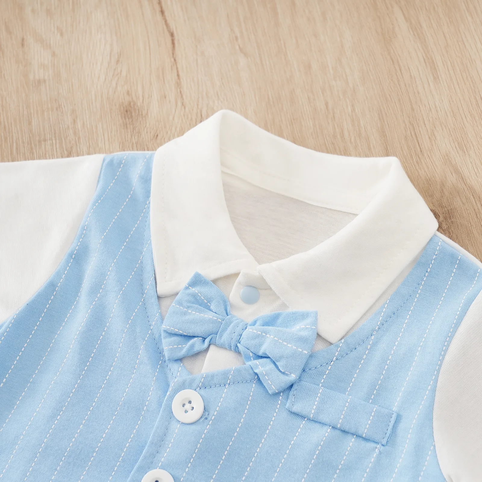 2pcs Baby Boy Cotton Classic Stripe Short Sleeve Lapel Jumpsuit Blue image 4