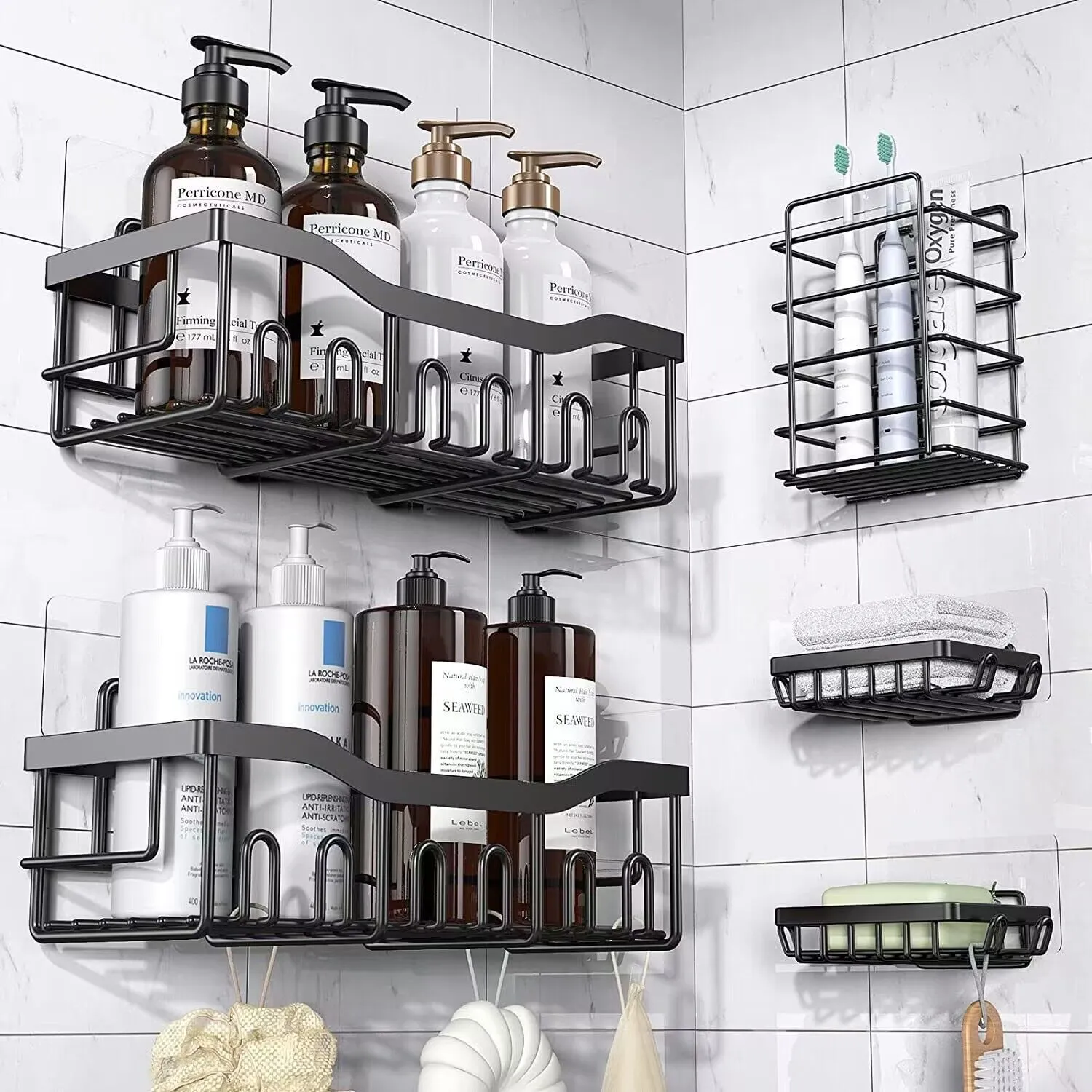 Wall-mounted Iron Bathroom Organizer Shelf for Quick and Non-damaging Installation