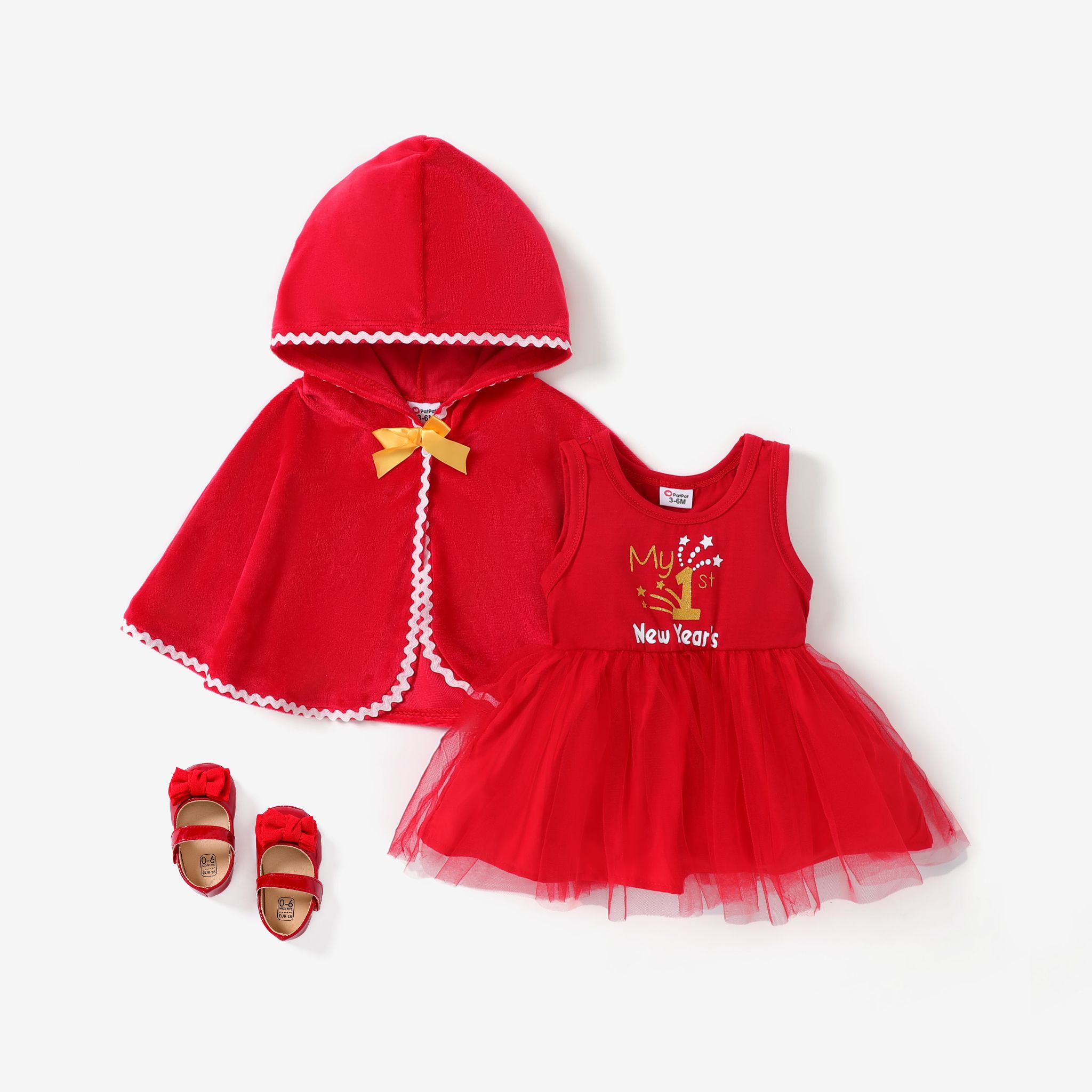 

New Year 2pcs Baby Girl Hooded Letter Print Mesh Suit-dress