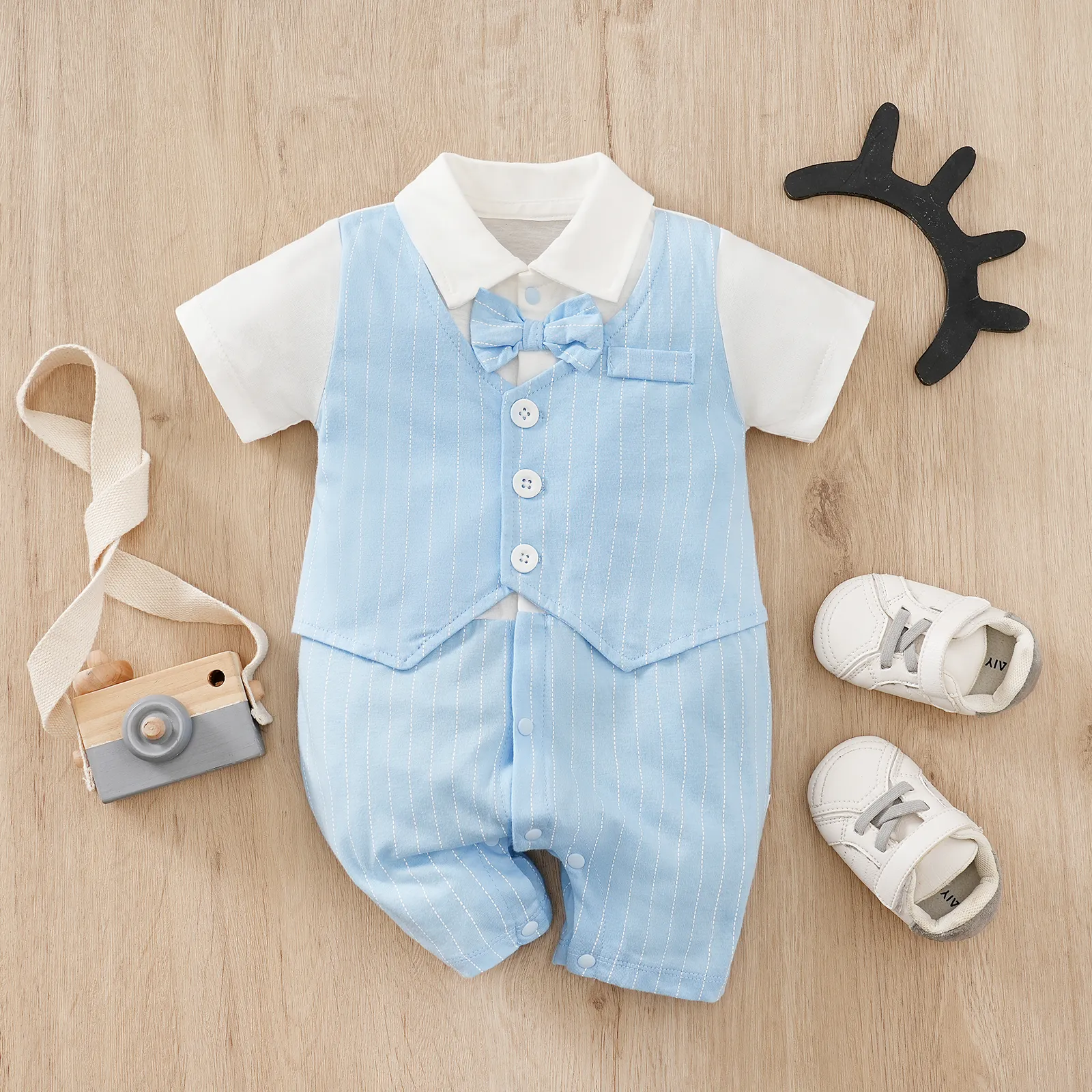 2pcs Baby Boy Cotton Classic Stripe Short Sleeve Lapel Jumpsuit Blue image 2