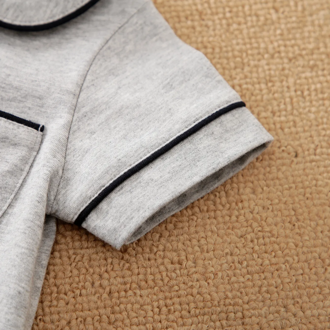 Baby Girl/Boy Solid Cotton Color-block Short Sleeves Lapel Jumpsuit Grey big image 1