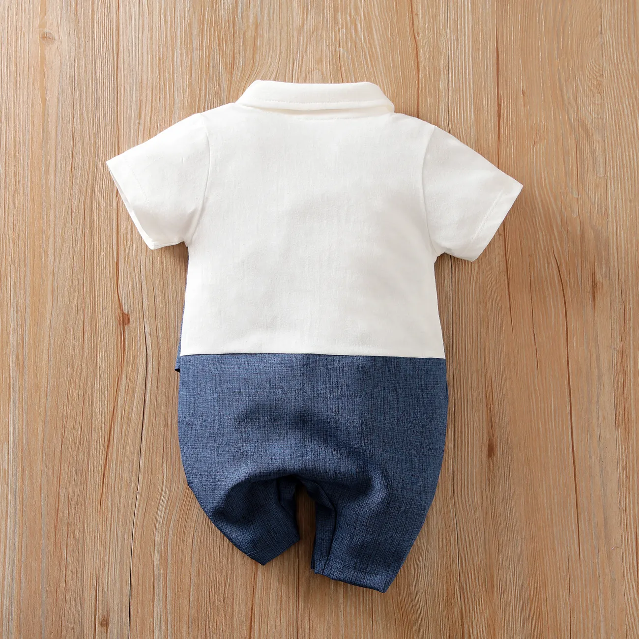 2pcs Baby Boy Classic Solid Fabric Stitching Short Sleeve Jumpsuit Set Dark Blue big image 1