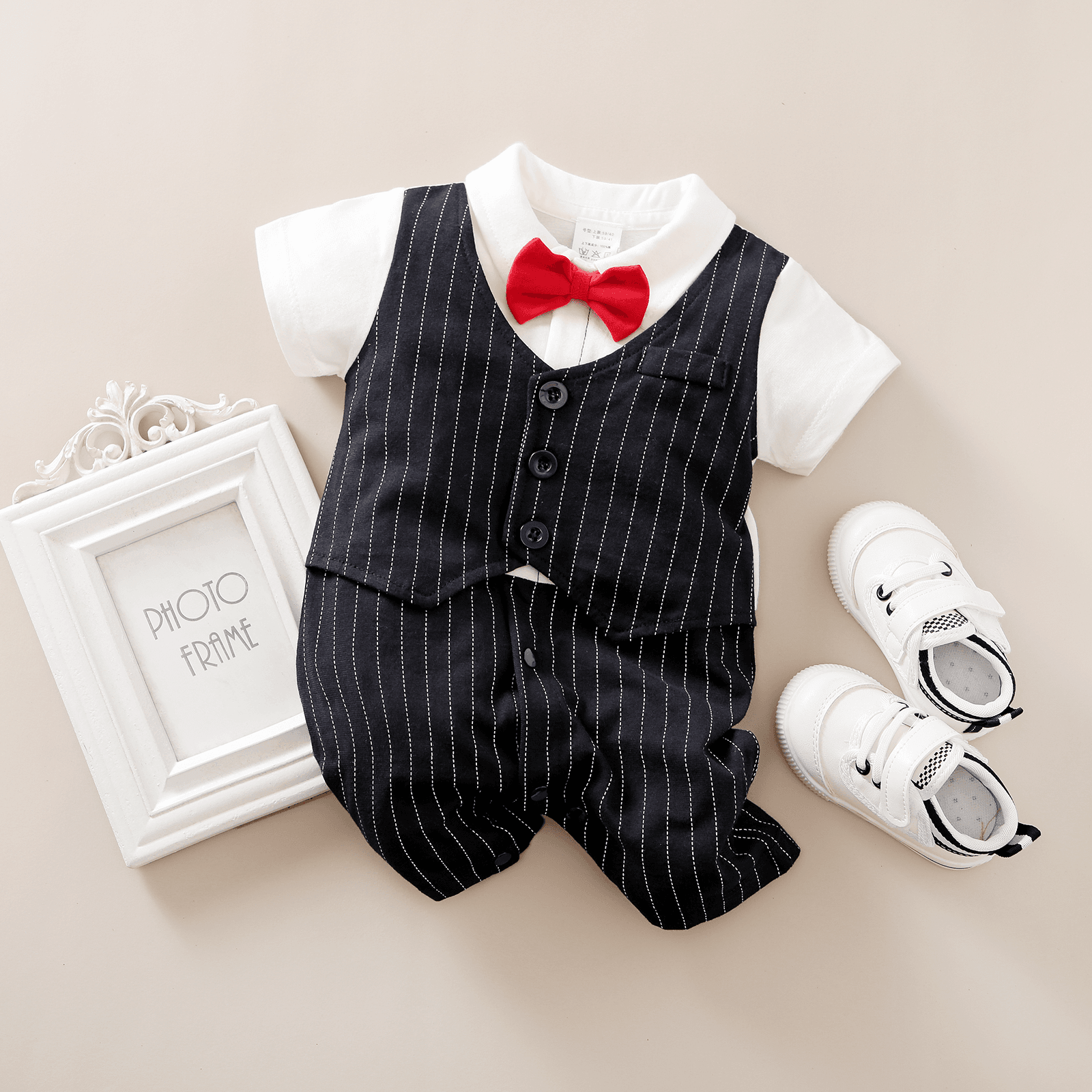 2pcs Baby Boy Cotton Classic Stripe Short Sleeve Lapel Jumpsuit