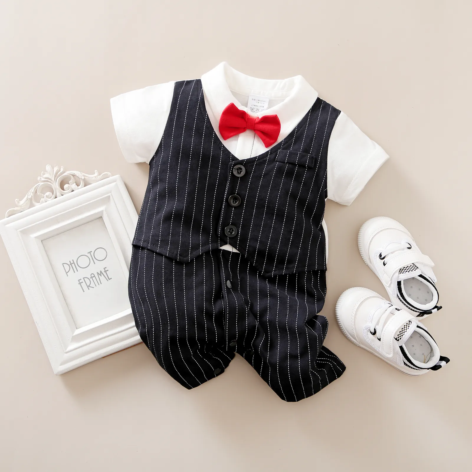 Baby Boy Cotton Classic Stripe Short Sleeve Lapel Jumpsuit