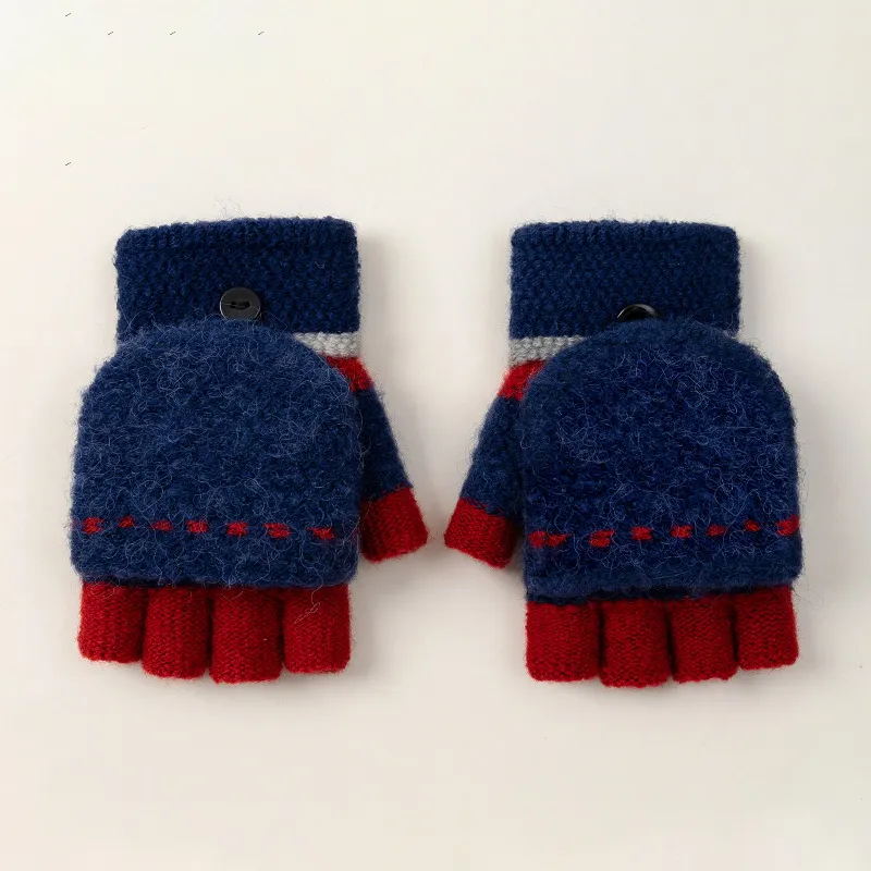 Toddler‘s Half finger flap knitted cartoon gloves Blue big image 1