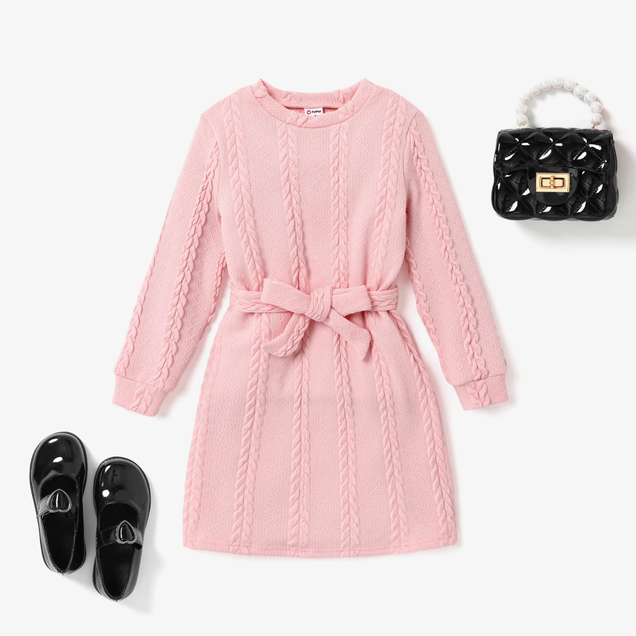 2pcs Kid Girl Solid color Textured material Sweet Dress with Belt