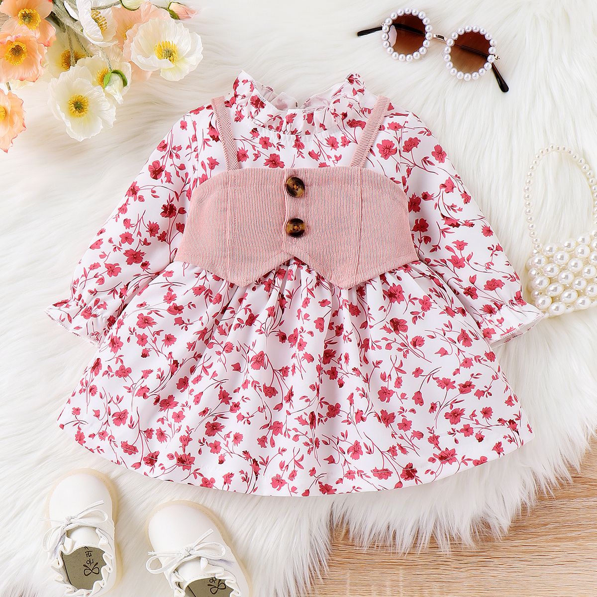 2pcs Baby Girl Agaric Edge and Broken Flower Pattern Dress and Tank TopSet