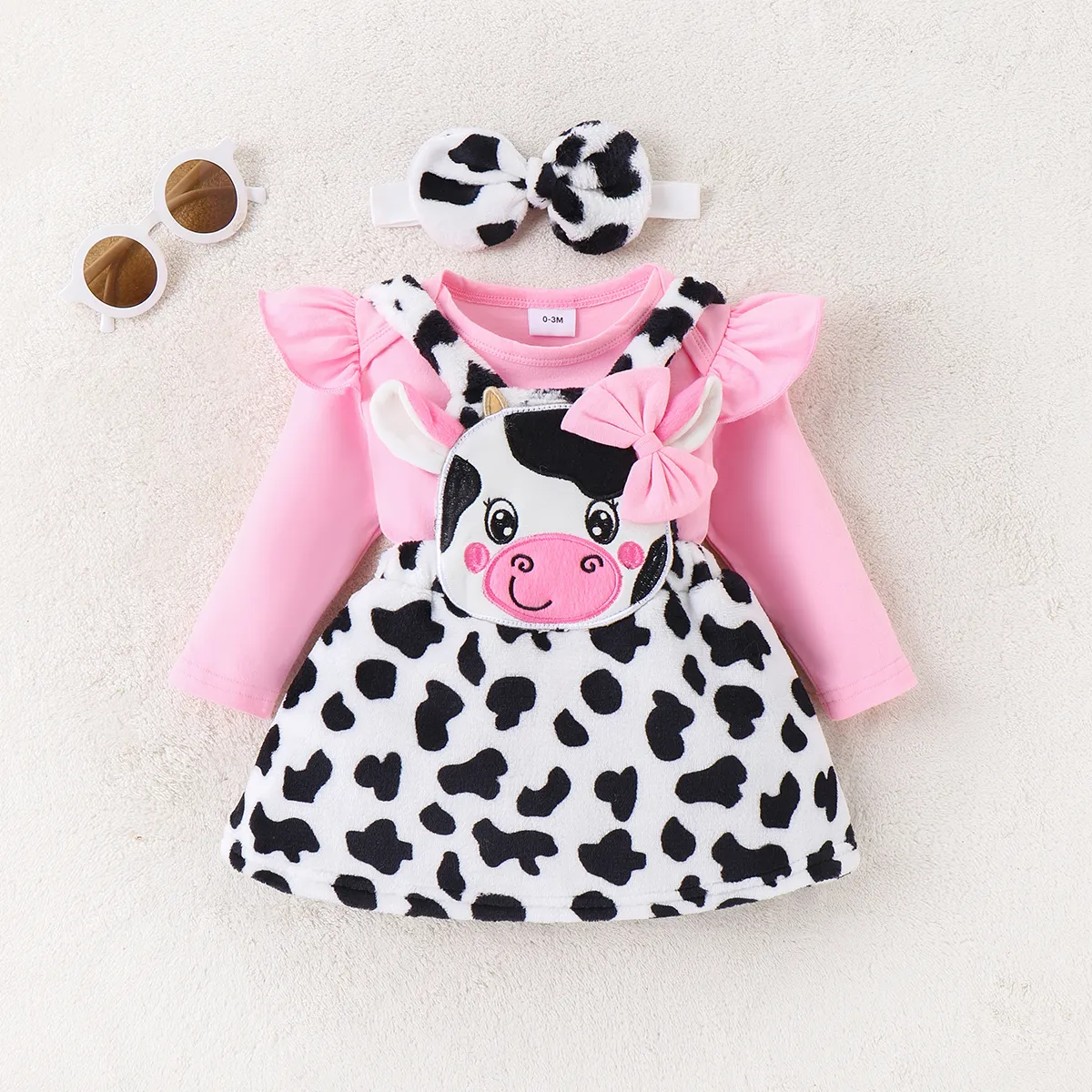 3pcs Baby Girl Cute Cow Animal Pattern And Ruffle Edge Shirt And Skirt Set With Headband