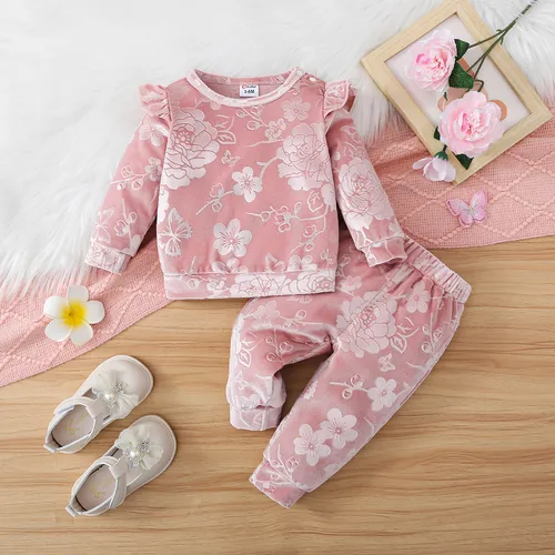 2pc Baby Girl Sweet Floral pattern Ruffle Edge Velvet Plush Set