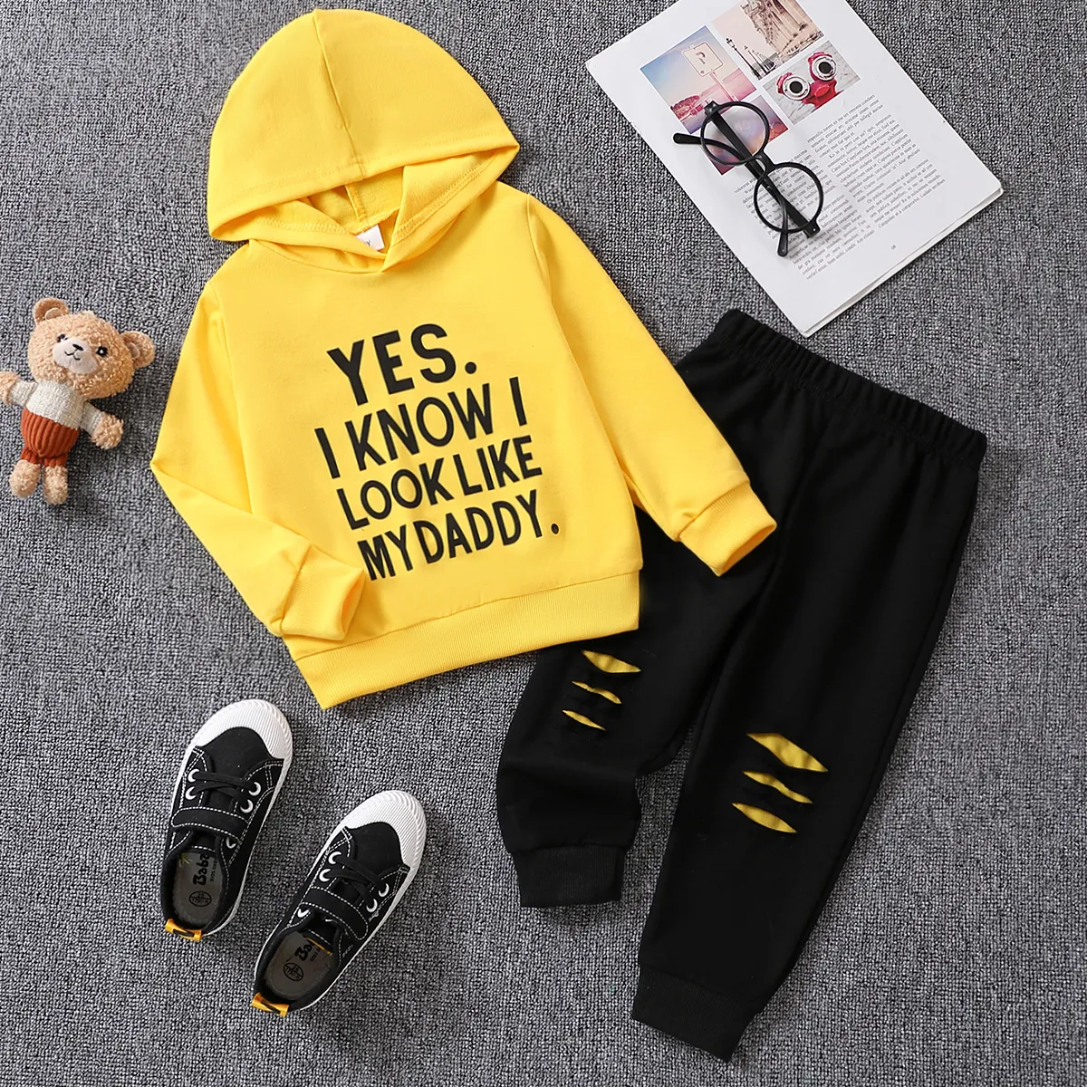 2pcs Toddler Boy Letter Pattern Hooded Set