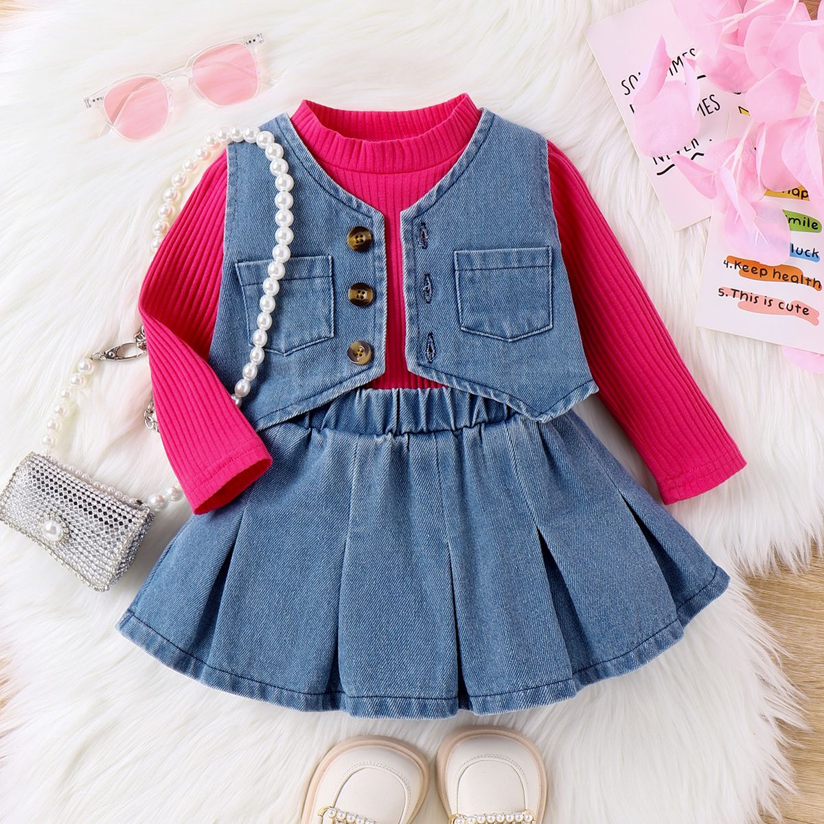 3pcs Baby Girl Avant-garde Solid Color Colllar Stand Tshirt Denim Tank Top And Skirt Set