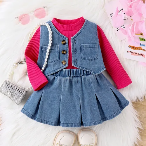 3pcs Baby Girl Avant-garde Solid Color Colllar Stand Tshirt Denim Tank Top and Skirt Set