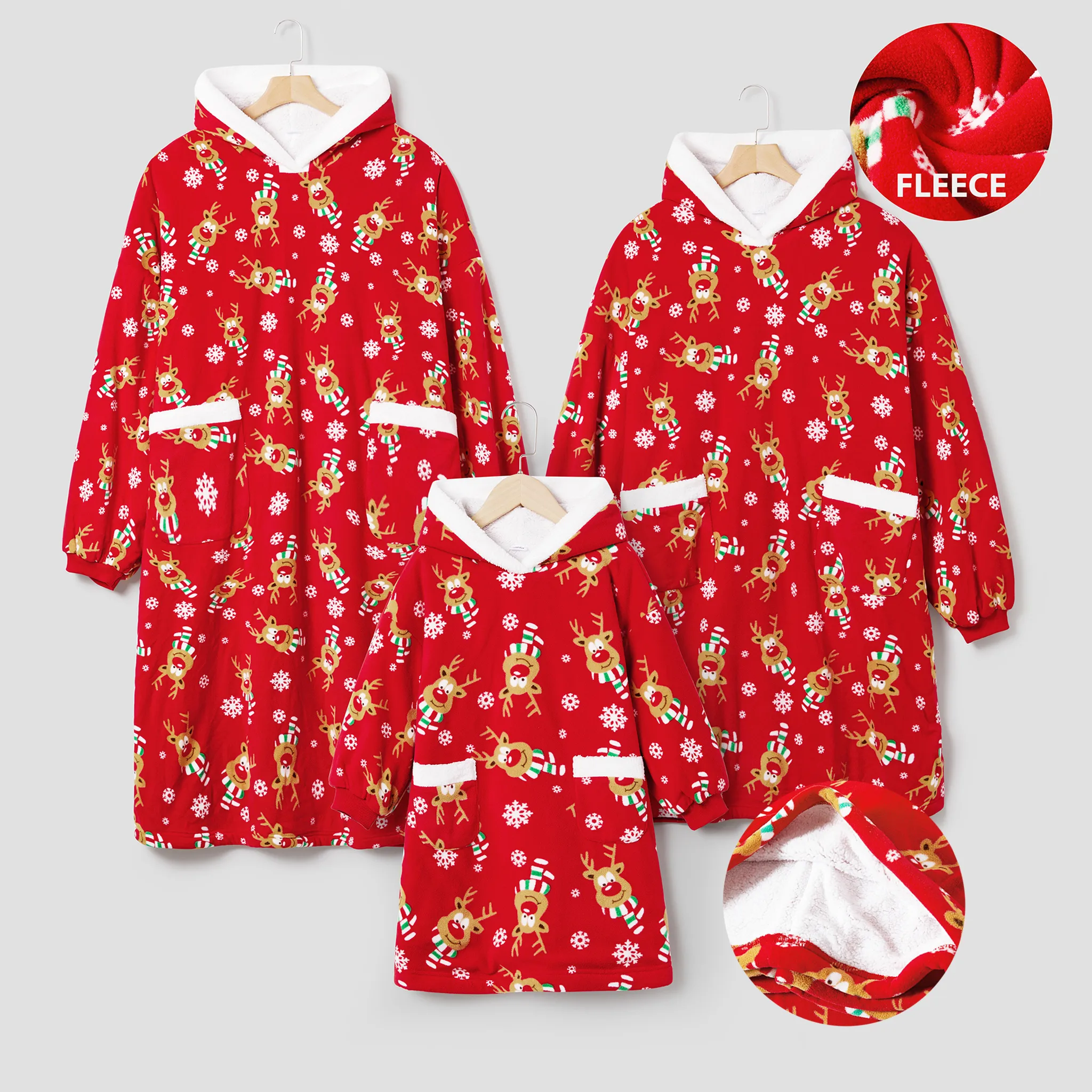 Christmas Family Matching Reindeer & Snowflake Allover Print Large Pocket Design Oversized Fleece Wearable Hooded Robes/Blanket Sets Red-2 image 2