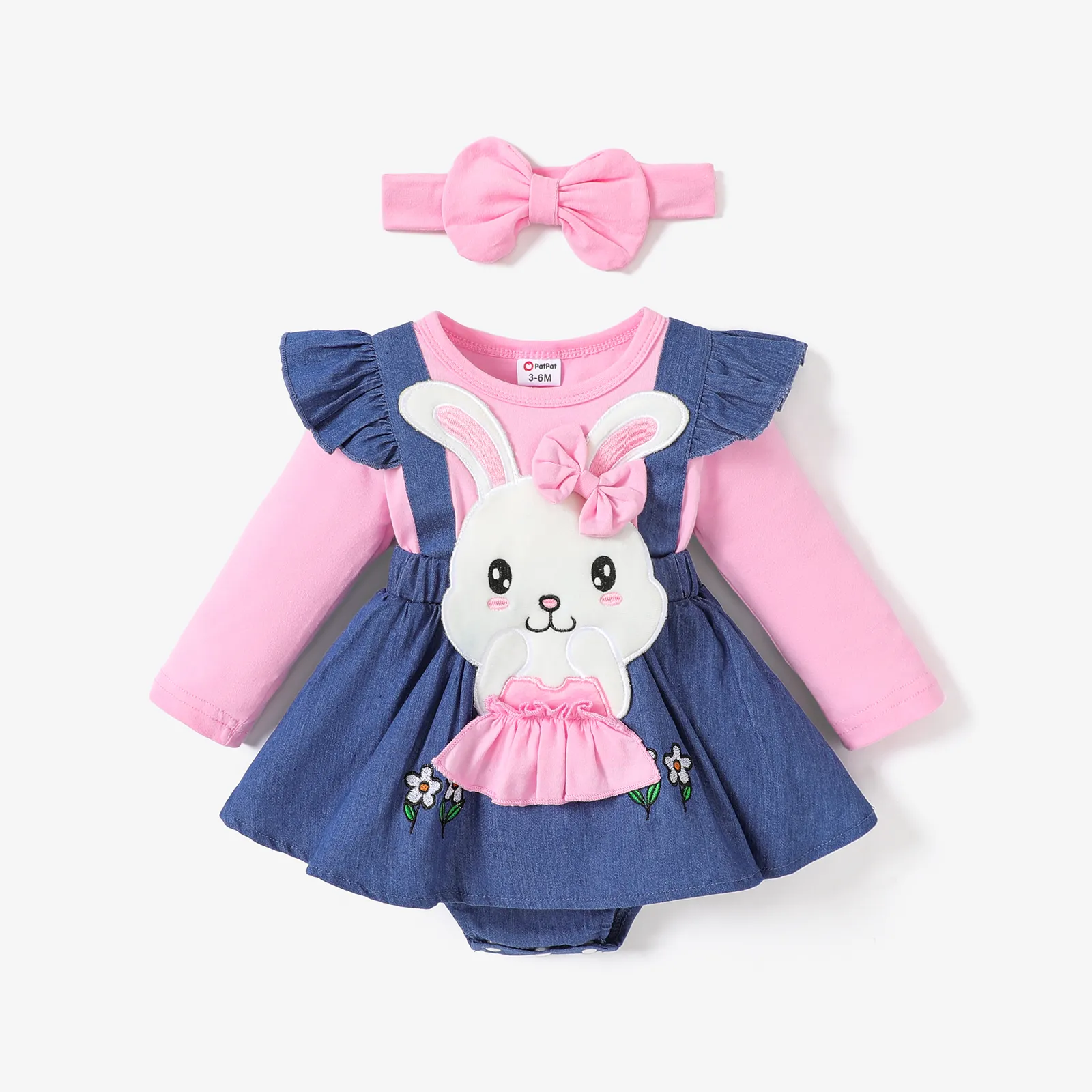 2pcs Baby Girl 100% Cotton Bear Graphic Ruffle Trim Long-sleeve Faux-two Romper & Headband Set Blue