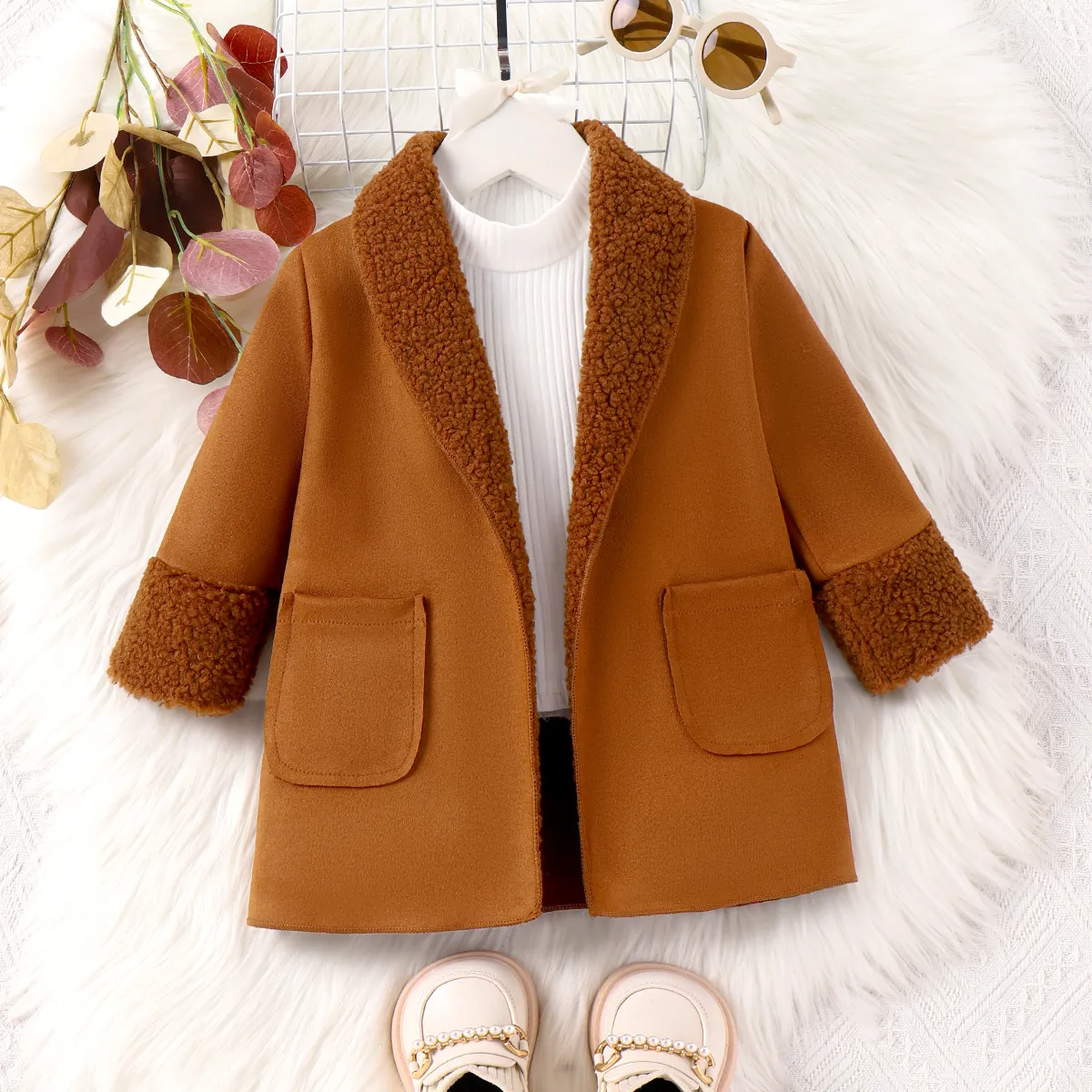 Baby Girl/Boy Solid Lapel Casual Warm Fleece Coat & Jacket  Brown big image 1