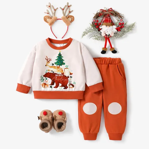 2pcs Toddler Boy Christmas Childlike Style Animal Pattern Set