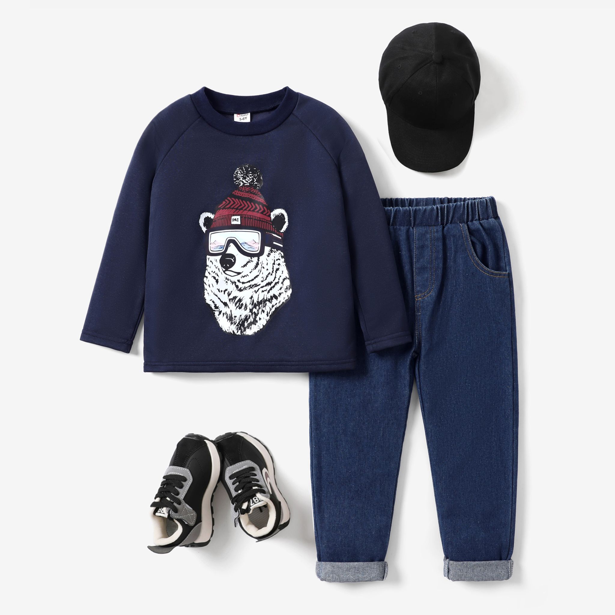 2pcs Kid Boy Childlike Bear Pattern Sweatshirt And Jeans Set