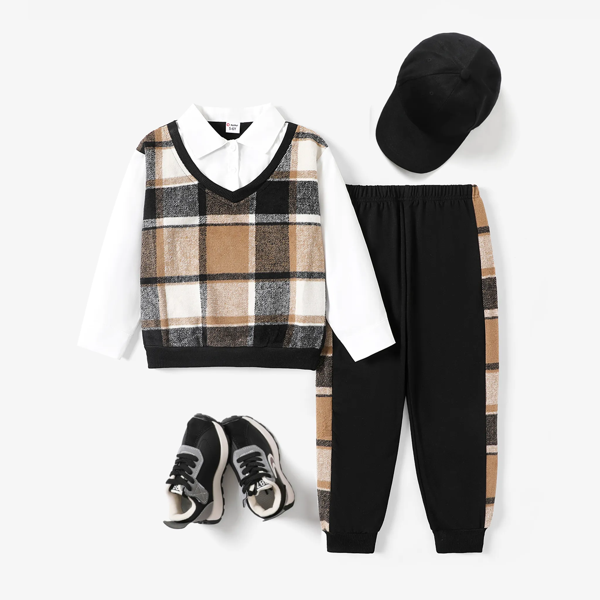 2pcs Kid Boy School Style Grid Long Sleeve Set