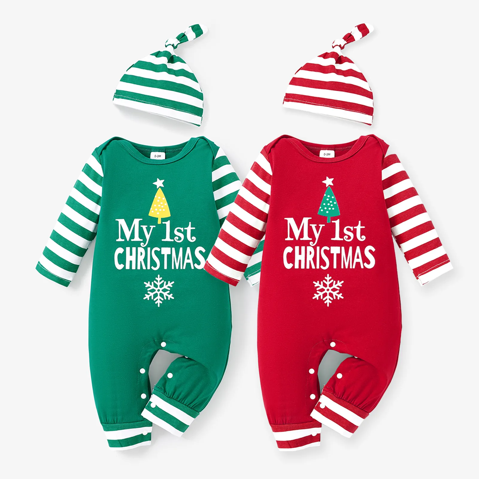 Christmas 2pcs Baby Boy/Girl 95% Cotton Striped Long-sleeve Letter Print Jumpsuit with Hat Set