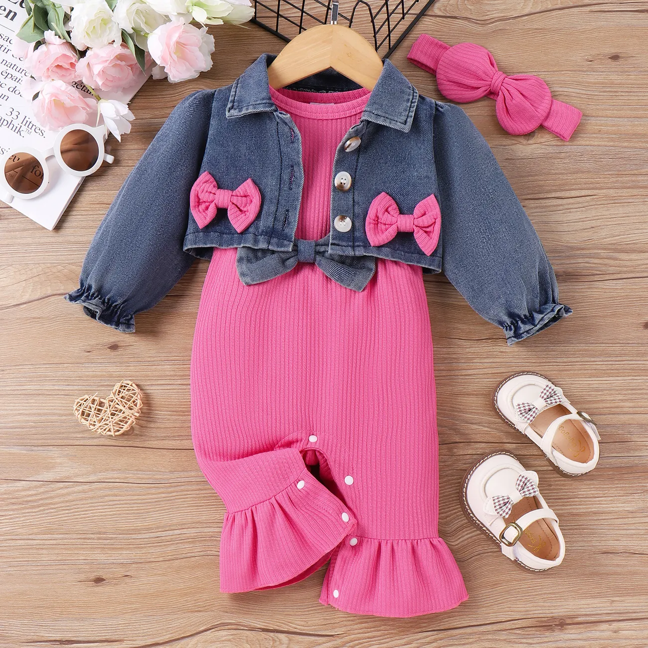 3pcs Baby Girl Sweet Solid Color 3D Butterfly Bow Denim Jumpsuit Set Hot Pink big image 1