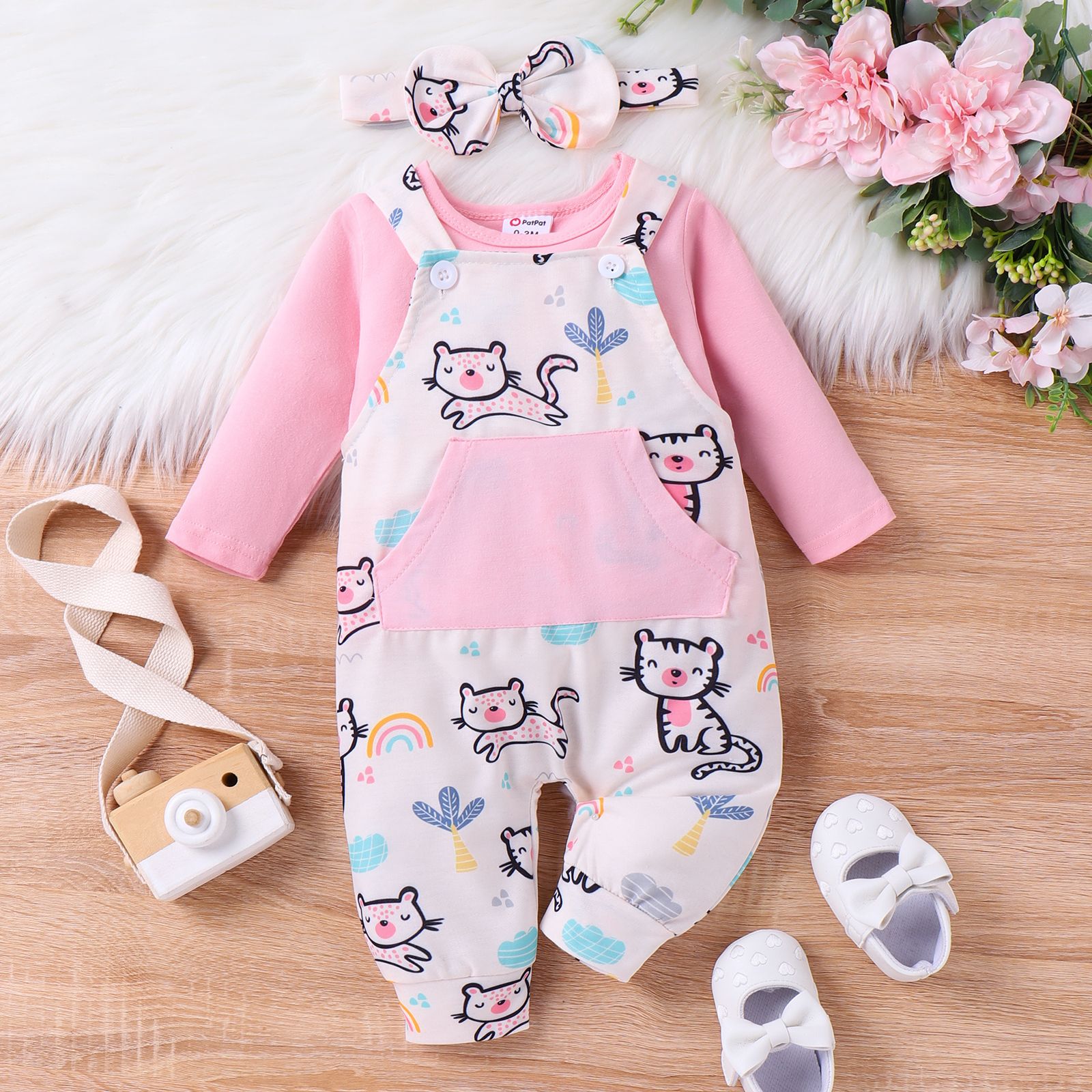 

3PCS Baby Girl Sweet Tee and Animal Pattern Overalls Set with Headband