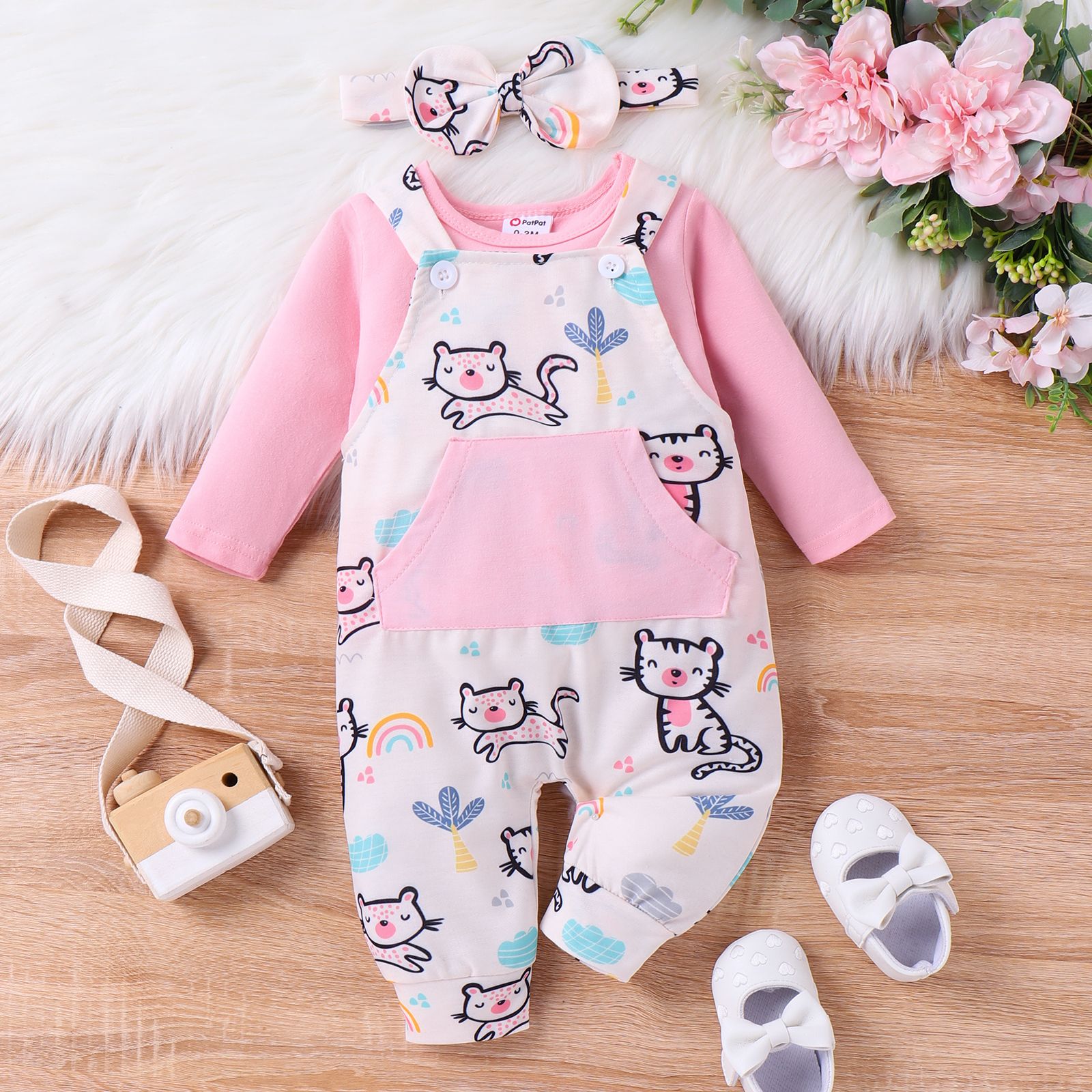 3PCS Baby Girl Sweet Tee And Animal Pattern Overalls Set With Headband