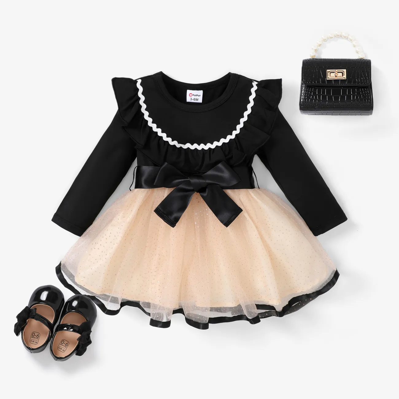 2pcs Baby Girl's Sweet Ruffle Edge Mesh Dress Black big image 1