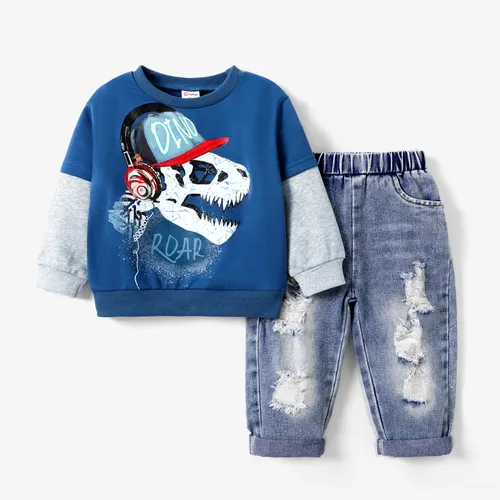 Toddler Boy 2pcs Dino Print Sweatshirt e Denim Ripped Jeans Set