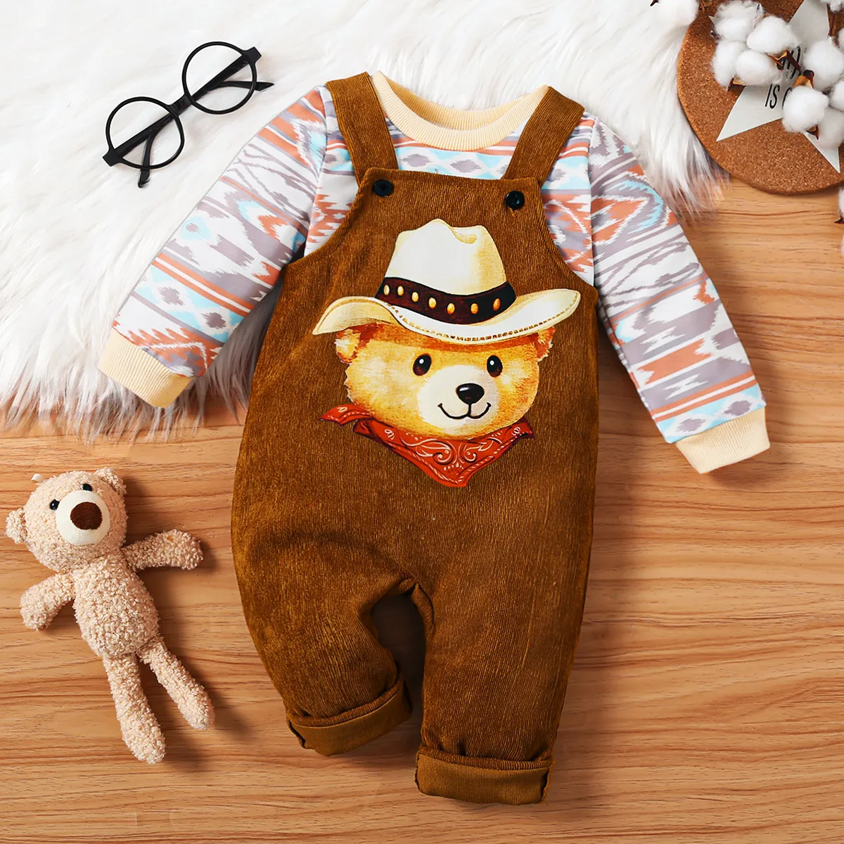 2pcs Baby Girl/Boy Childlike Bear Pattern Cowboy Style Overalls Long Sleeve Set