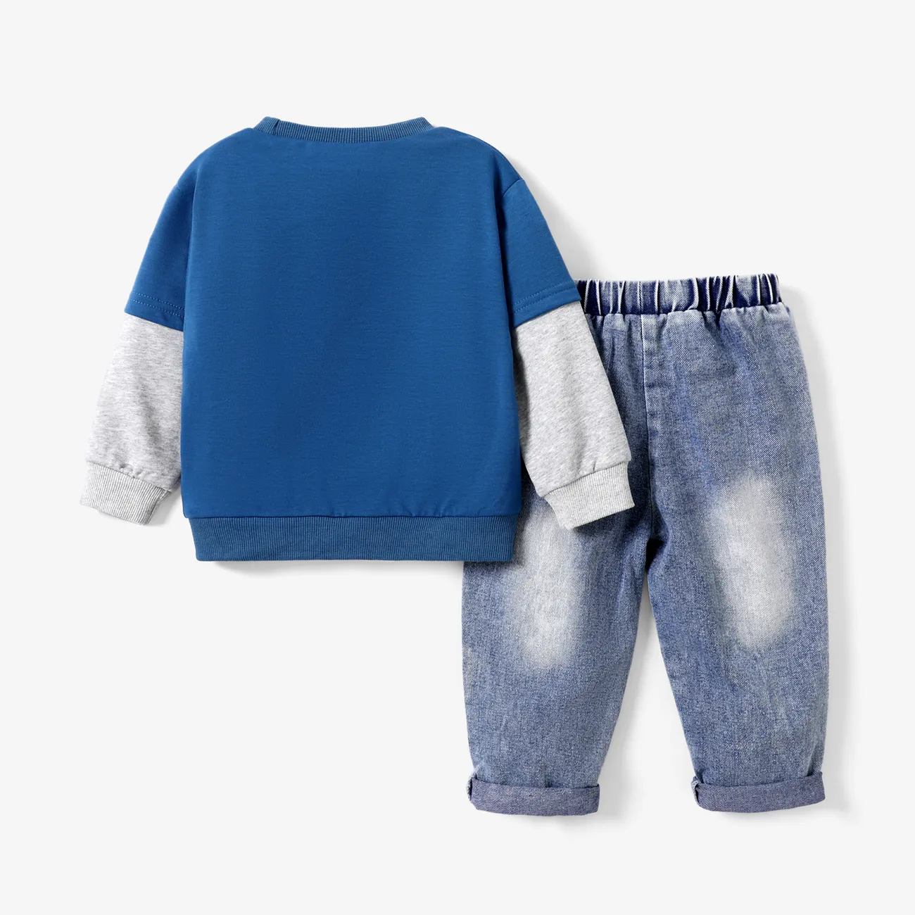 Toddler Boy 2pcs Dino Print Sweatshirt and Denim Ripped Jeans Set Blue big image 1