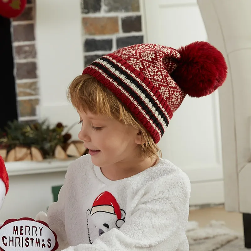 Kids/adult Christmas snowflake rhombus color-blocked wool knitted hat