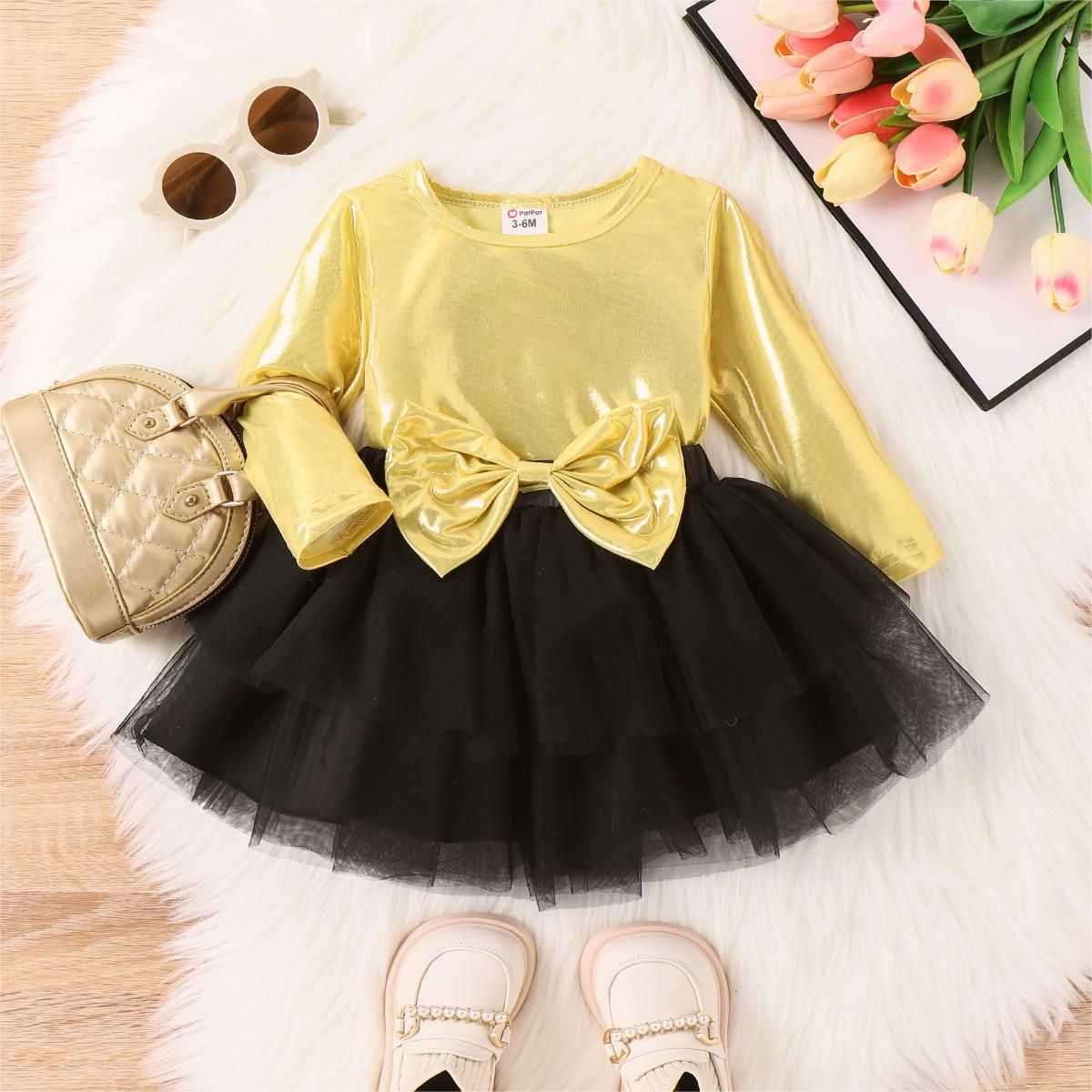 2pcs Baby Girl's Sweet Party Style Coating Tshirt And  Multi-layered Mesh Skirt Dress With Big Bowknot