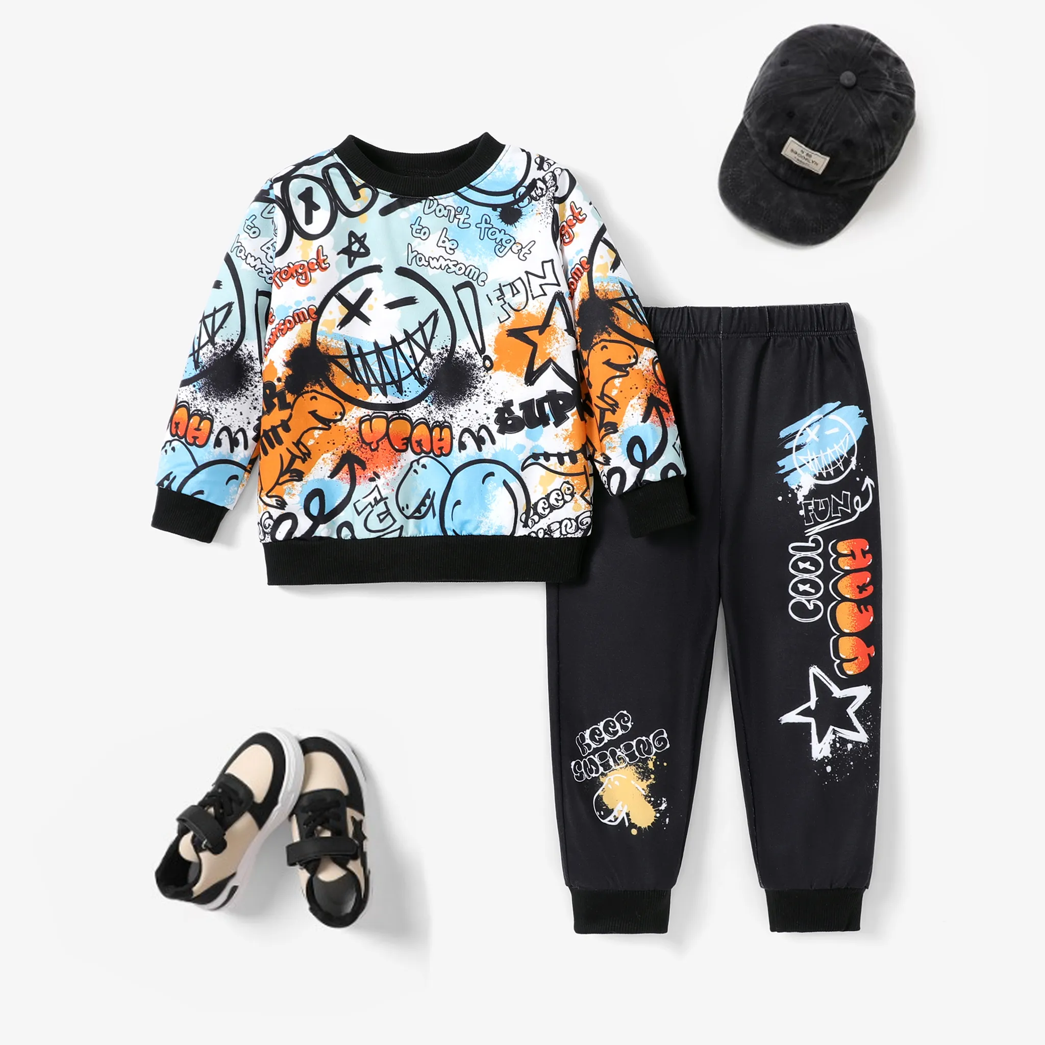2pcs Toddler Boy Graffiti Design Dinosaur Pattern Set Multi-color big image 1