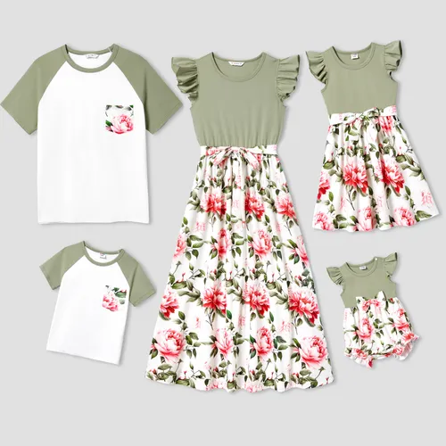 Matching Family Raglan-Sleeve T-shirt and Flutter Shoulder Floral Dress Sets