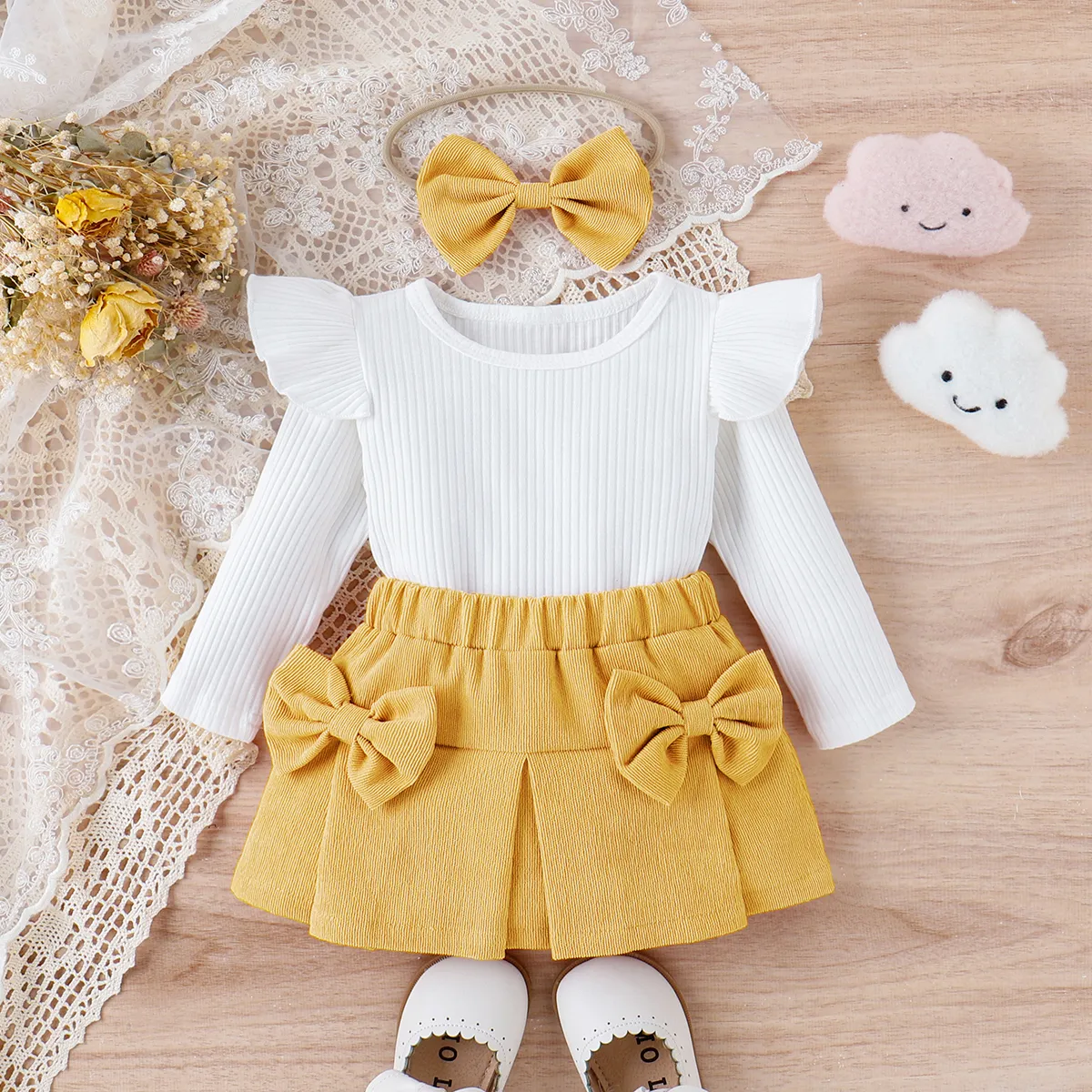 3pcs Baby Girl 95% Cotton Ribbed Ruffle Long-sleeve Top And Bow Front Skirt & Headband Set
