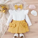 3pcs Baby Girl 95% Cotton Ribbed Ruffle Long-sleeve Top and Bow Front Skirt & Headband Set Yellow
