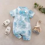 Baby Boy Bohemia Tropical Floral Pattern Short Sleeve Jumpsuit Blue
