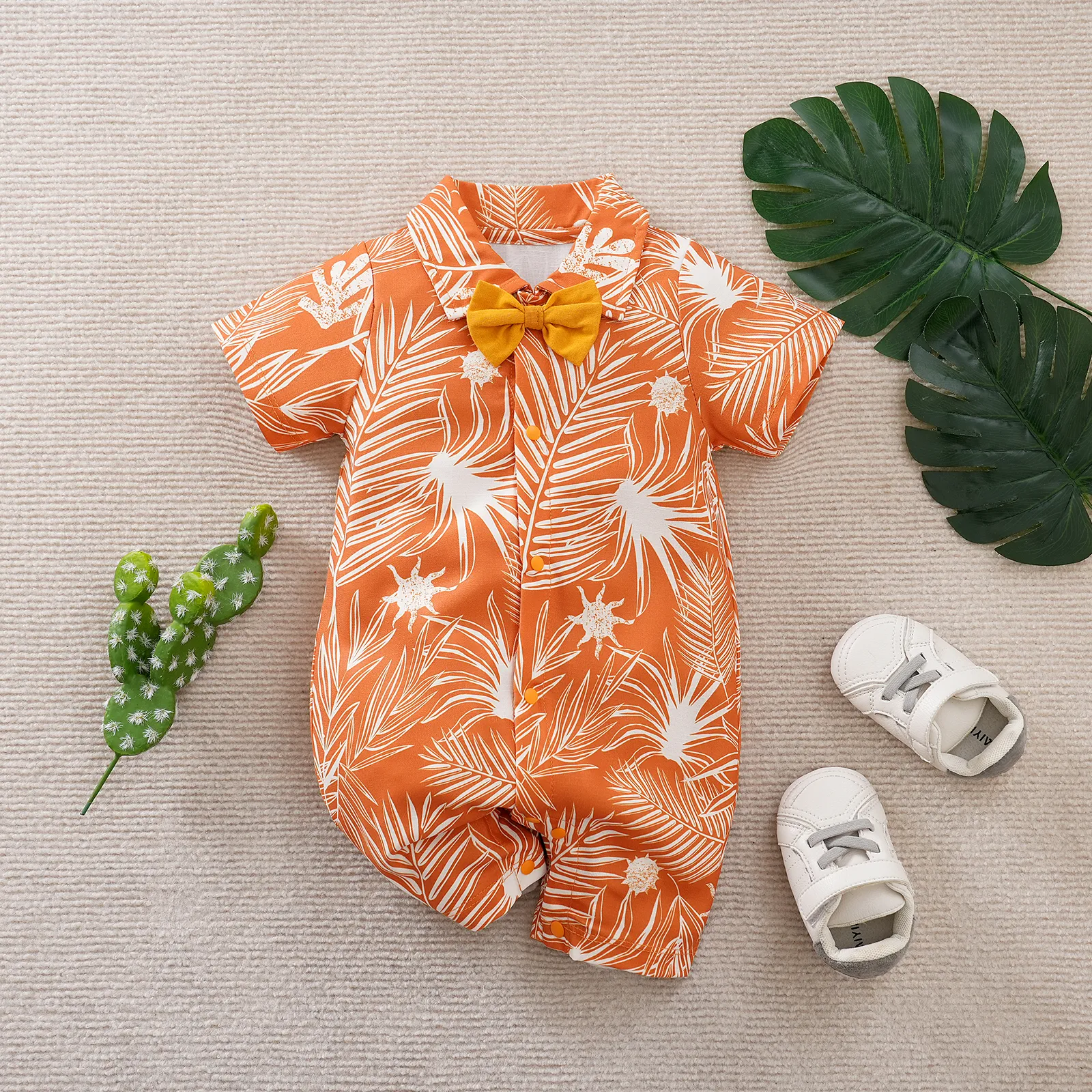 Baby Boy Bohemia Tropical Floral Pattern Short Sleeve Jumpsuit