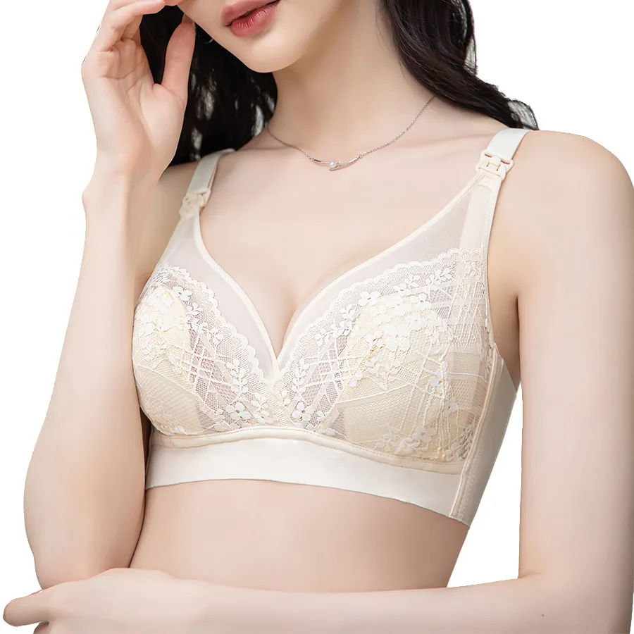 Front-Opening Lace Nursing Bra with Bunny Ears for Pregnant Women Apricot big image 1