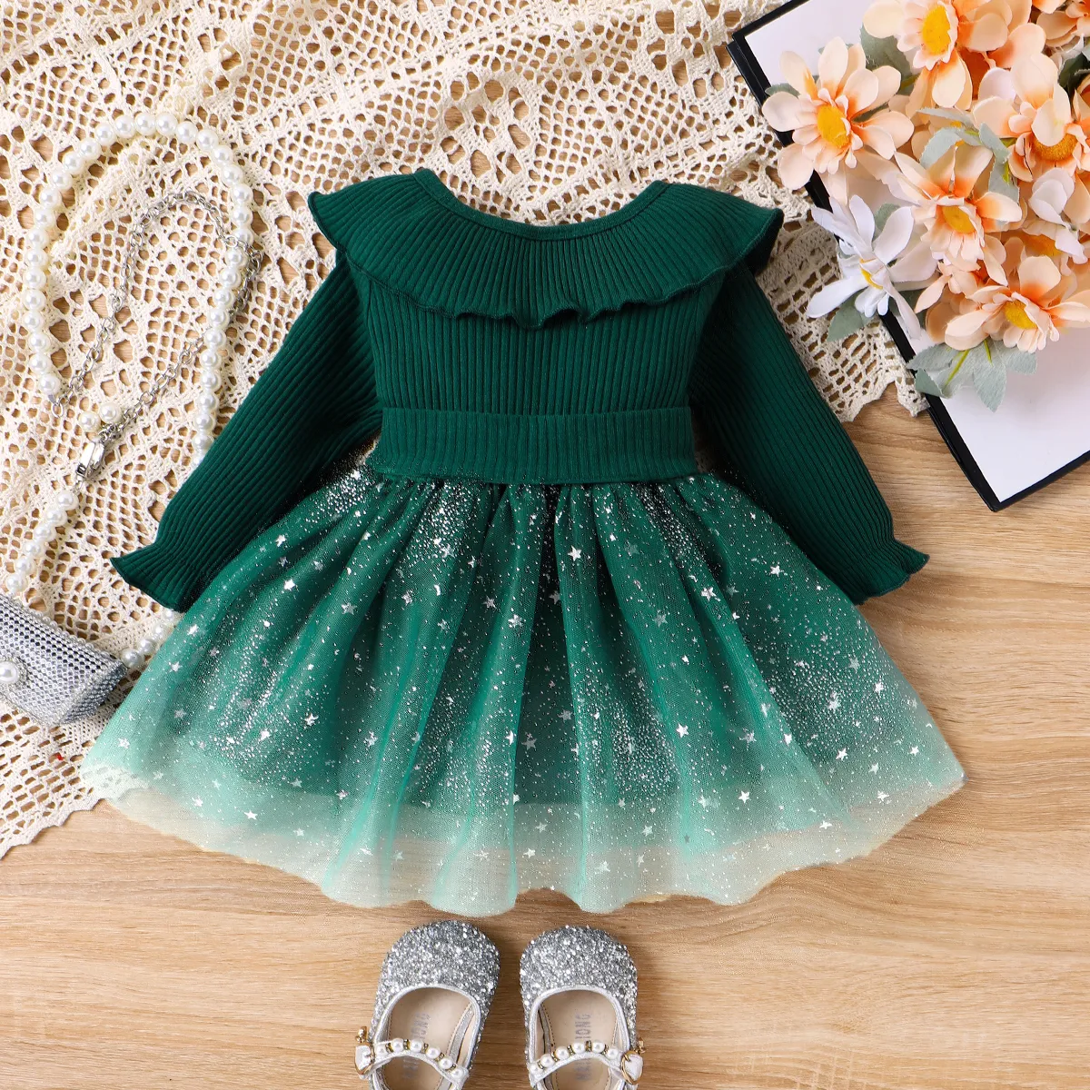 Baby Girl Sweet Gradual Change Ruffle Edge  Long Sleeve Dress  Green image 4