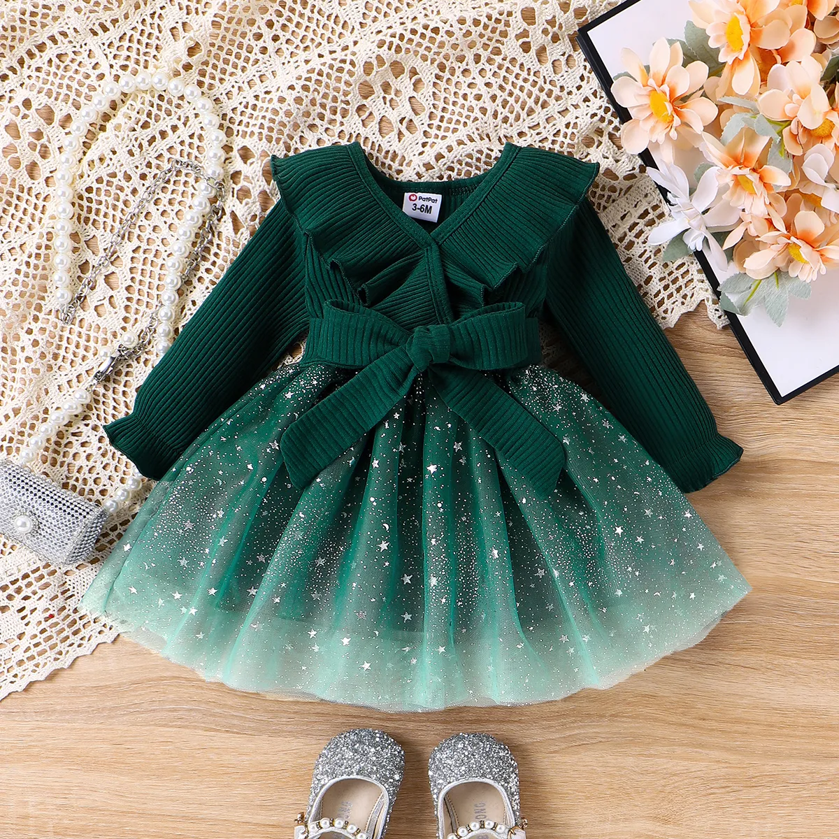 Baby Girl Sweet Gradual Change Ruffle Edge Long Sleeve Dress Green big image 1