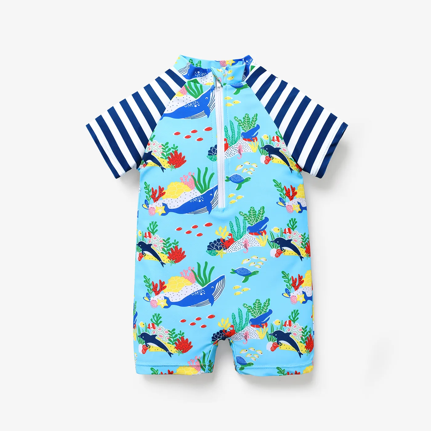 Baby Boy Allover Ocean Animal Print Striped Raglan-sleeve One-piece Swimsuit  image 5