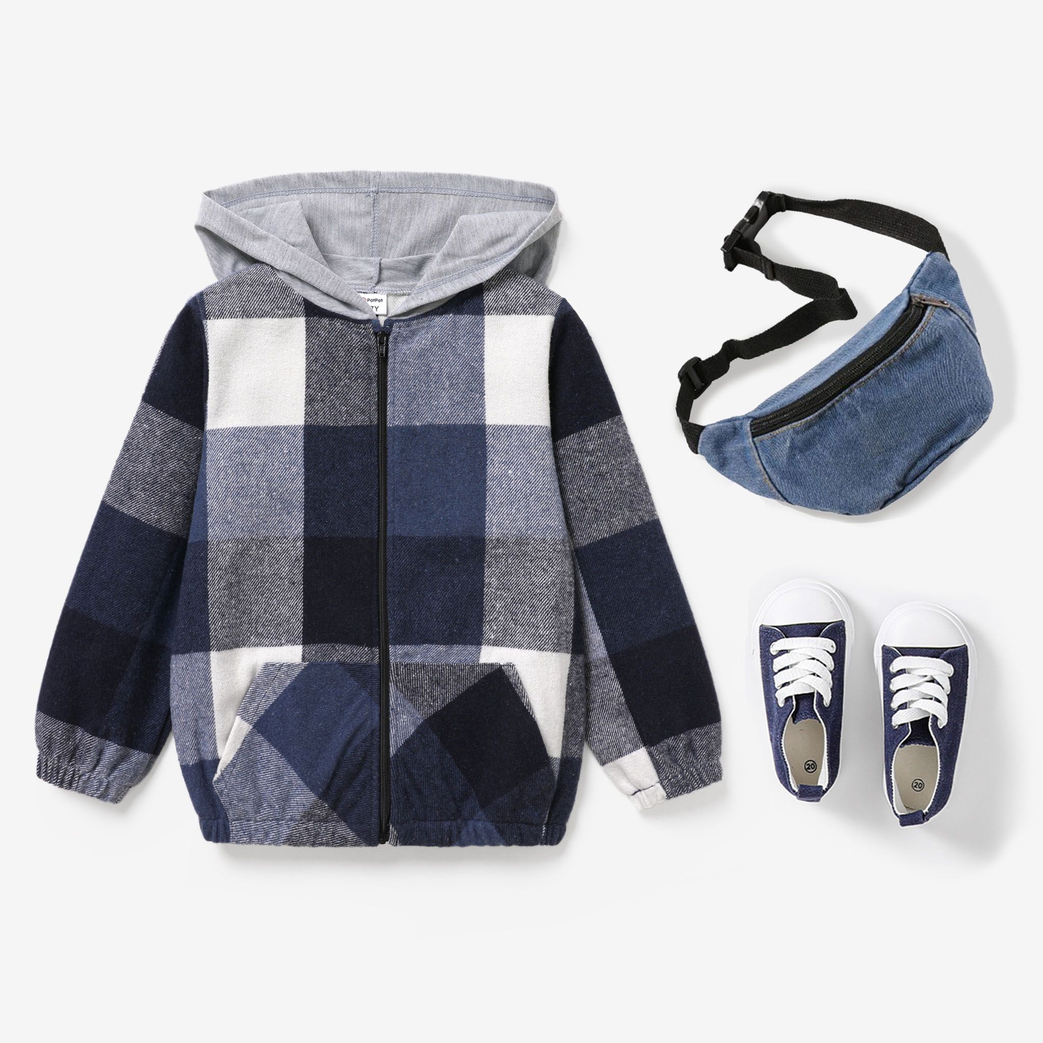 

Kid Boy Casual Plaid Pattern Hooded Jacket