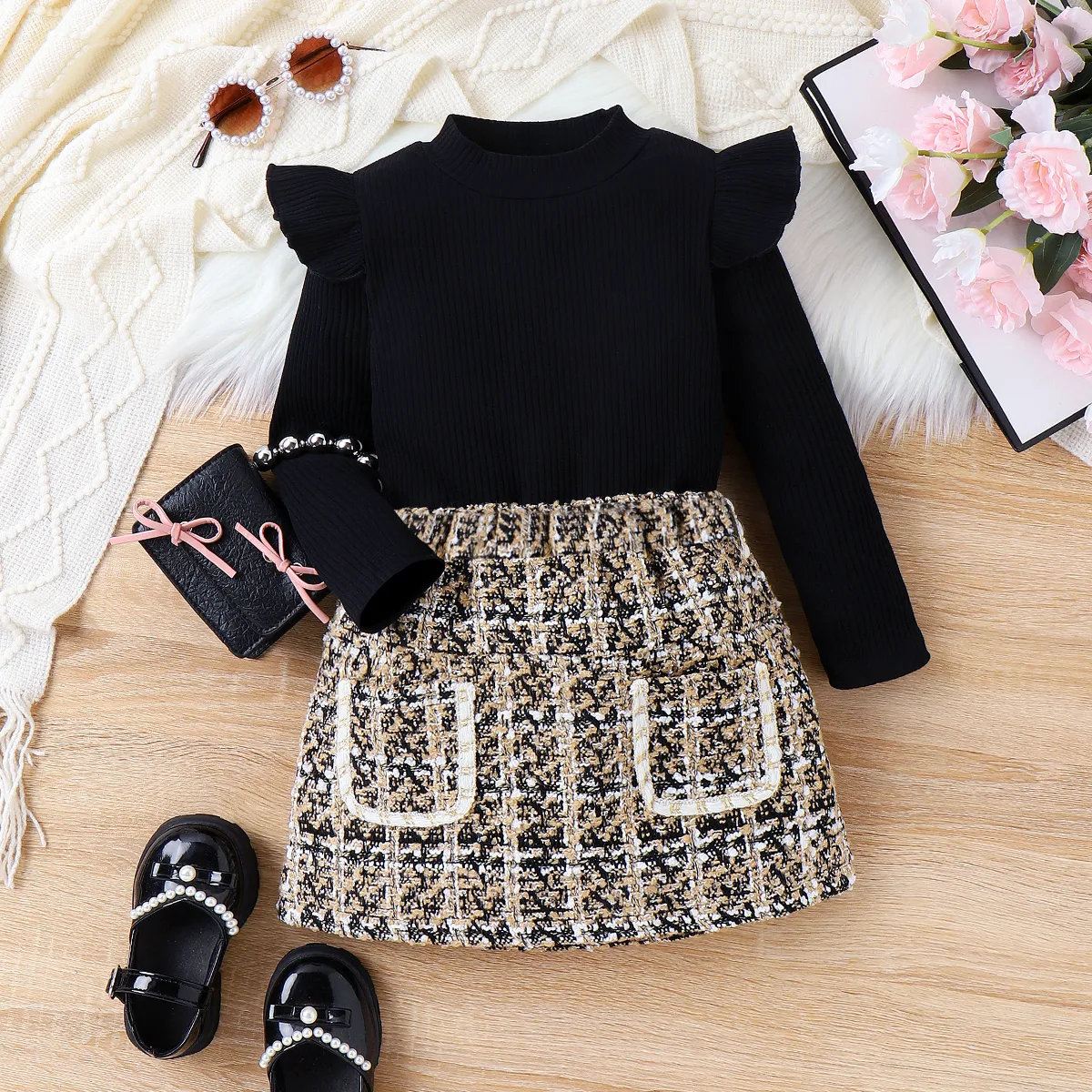 3pcs Toddler Gir Grid/Houndstooth Flutter-Sleeve Preppy style Dress Set with Belt